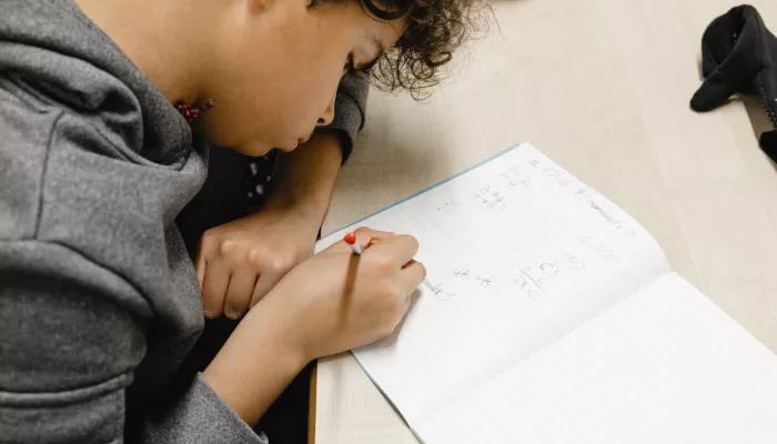 A close up photo of a secondary school-aged male pupil writing in an exercise book. He is sat at a desk wearing a grey jumper and has brown hair.