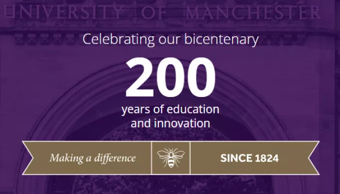 A gold bicentenary banner on a purple image of University of Manchester