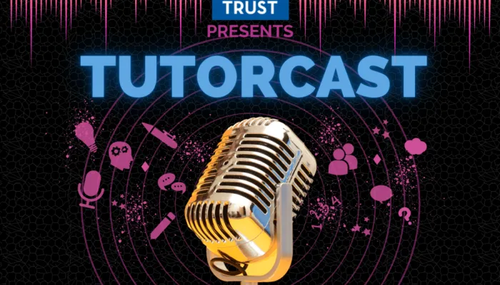 tutorcast logo is a graphic of a 50s style microphone on black and pink soundscape background