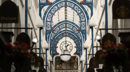 Thorntons Arcade, Leeds. A view of the fretted glass ceiling from the interior of the arcade.