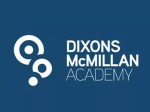 Dixons McMillan logo is white on blue