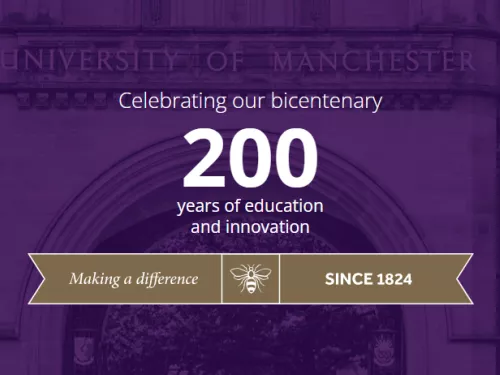 A gold bicentenary banner on a purple image of University of Manchester