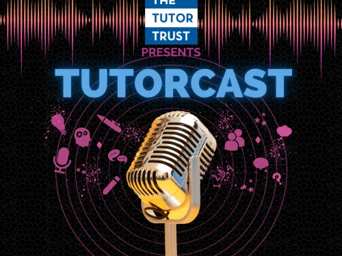 tutorcast logo is a graphic of a 50s style microphone on black and pink soundscape background